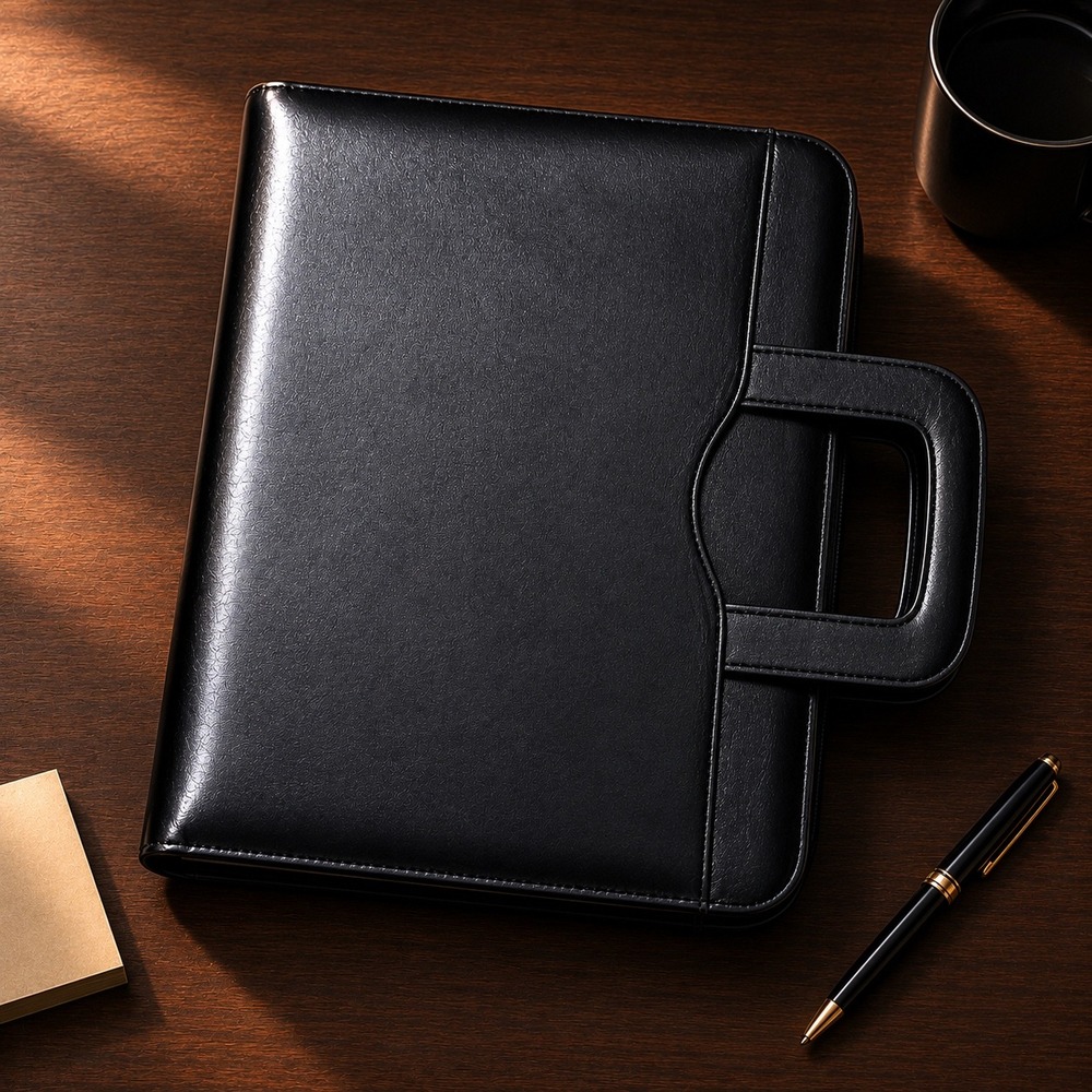VTG 90s Day-Timer Leather 3 Ring Planner Folio Briefcase Hideaway‎ Handles Black